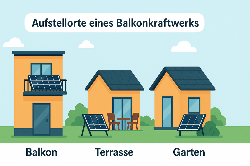 Illustration der Aufstellorte eines Balkonkraftwerks: Balkon, Terrasse und Garten im Vergleich