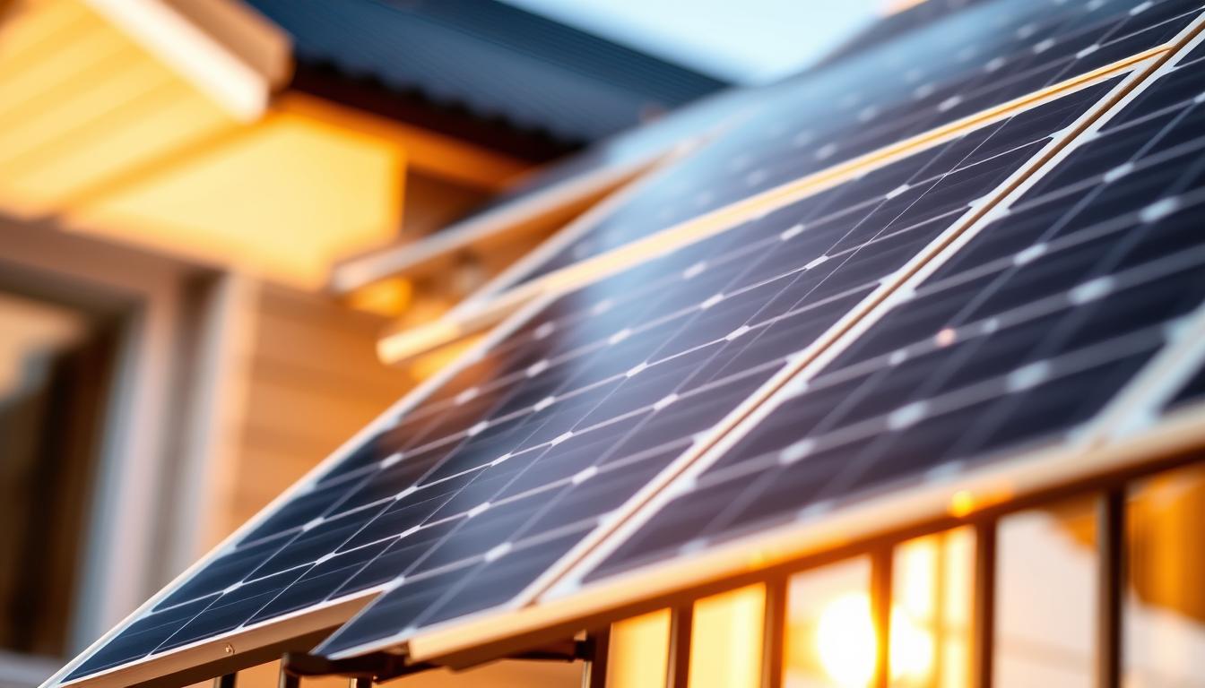 Nahaufnahme eines Balkonkraftwerks mit mehreren Solarmodulen, die in der Abendsonne leuchten.